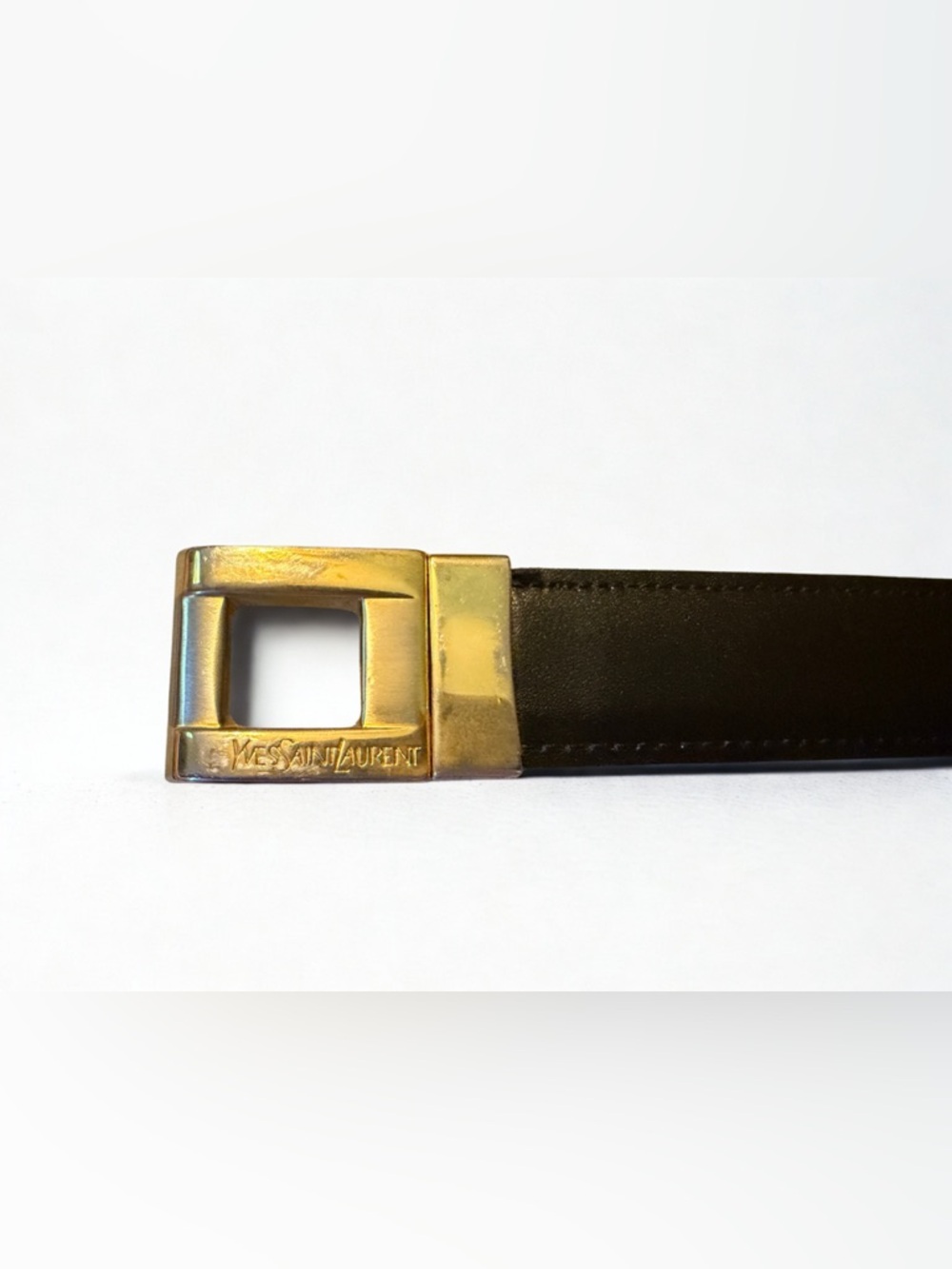 Yves Saint Laurent Black Vintage Leather Belt with Gold-Tone Buckle